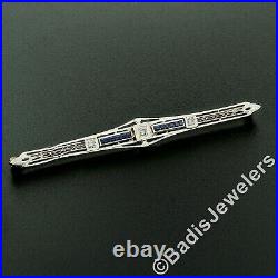 Antique Edwardian 14k Gold & Platinum Diamond & Sapphire Filigree Bar Pin Brooch