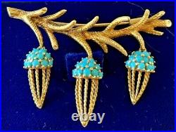Antique French Victorian 18k Gold Dangling Turquoise Coral Jellyfish Brooch Pin