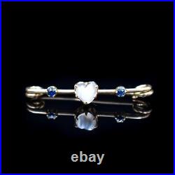 Antique Moonstone Heart and Sapphire 9ct 9K Gold Bar Brooch Pin