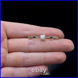 Antique Moonstone Heart and Sapphire 9ct 9K Gold Bar Brooch Pin