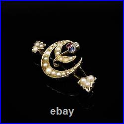 Antique Pearl Diamond Ruby & Sapphire Crescent Moon 15ct Gold Bar Brooch Pin