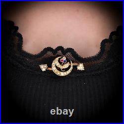 Antique Pearl Diamond Ruby & Sapphire Crescent Moon 15ct Gold Bar Brooch Pin