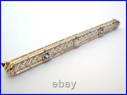 Antique Sapphire Diamond Filigree Bar Pin 14K White Yellow Gold Edwardian Brooch