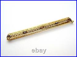 Antique Sapphire Diamond Filigree Bar Pin 14K White Yellow Gold Edwardian Brooch