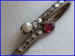 Antique Silver 9ct 15ct Gold Ruby Diamond Pearl Bar Brooch