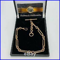 Antique Solid 375 9ct Yellow Gold Trombone Link Single Albert Watch Chain T Bar