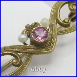 Antique Victorian 10k Yellow Gold Seed Pearl Pink Paste Bar Brooch Pin