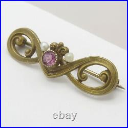 Antique Victorian 10k Yellow Gold Seed Pearl Pink Paste Bar Brooch Pin