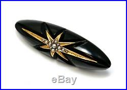 Antique Victorian 10k gold onyx seed pearl starburst bar pin brooch