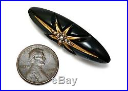Antique Victorian 10k gold onyx seed pearl starburst bar pin brooch