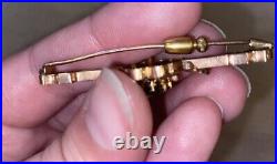 Antique Victorian 14k Rose Gold Black Enamel Seed Pearl Red Stone Bar Watch Pin