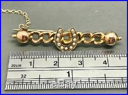 Antique Victorian 15ct Yellow Gold Quality Seed Pearl Horseshoe Bar Brooch Pin