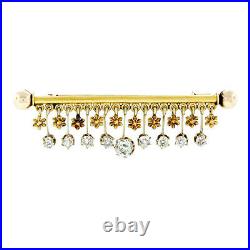 Antique Victorian 18k Gold 2.40ctw Old Mine Diamond Flower Dangle Bar Pin Brooch