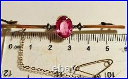 Antique Victorian 9ct Gold, Seed Pearl and Pink Gem Bar Brooch/Pin c1900