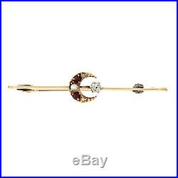 Antique Victorian 9k Gold Round Diamond Star Seed Pearl Garnet Crescent Bar Pin