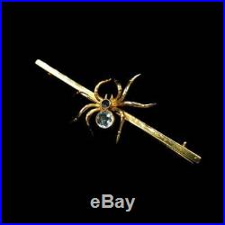 Antique Victorian Aquamarine Sapphire 9ct Yellow Gold Spider Insect Bar Brooch