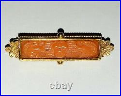 Antique Victorian Etruscan 14K Gold Filigree Salmon Carved Coral Bar Brooch Pin