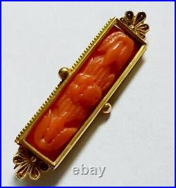 Antique Victorian Etruscan 14K Gold Filigree Salmon Carved Coral Bar Brooch Pin