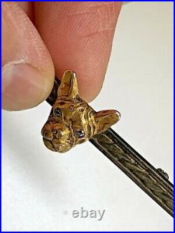 Antique Victorian Frenchie French Bull Dog 14k Gold Bar Pin with Diamond Eyes