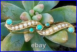 Antique Victorian Gold Turquoise Pearl 15ct Brooch Bar Pin Estate Jewelry 3.4gm