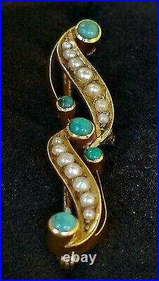 Antique Victorian Gold Turquoise Pearl 15ct Brooch Bar Pin Estate Jewelry 3.4gm