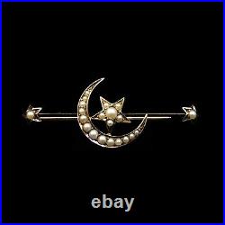 Antique Victorian Pearl Crescent Moon & Star 15ct Gold Bar Brooch Pin c. 1890