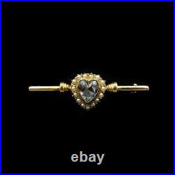 Antique Victorian Pearl and Rock Crystal Heart 15ct 15K Yellow Gold Bar Brooch