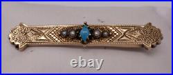 Antique Victorian c. 1880 Turquoise & Seed Pearl Bar Pin Brooch 10k Solid Gold