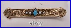 Antique Victorian c. 1880 Turquoise & Seed Pearl Bar Pin Brooch 10k Solid Gold
