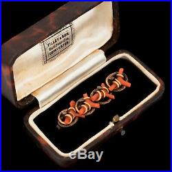 Antique Vintage Georgian 14k Bi Gold Carved Salmon Coral Womens Bar Pin Brooch