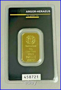 Argor Heraeus 10 Gram Gold Bar of 999.9 fine 24 Karat in Sealed in Assay Card