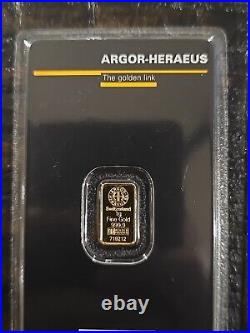 Argor-Heraeus Switzerland 1 Gram 999.9 Fine Gold Bar Assay Sealed