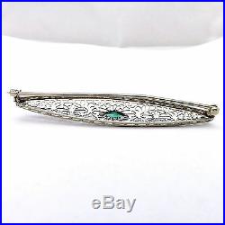 Art Deco 10k White Gold Fancy Shaped Emerald May Birthstone Bar Brooch Pin 2.8Gr