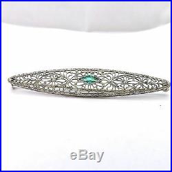 Art Deco 10k White Gold Fancy Shaped Emerald May Birthstone Bar Brooch Pin 2.8Gr