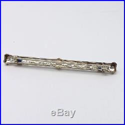 Art Deco 14k White Gold Diamond Sapphire Bar Brooch Pin Open Filigree