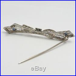 Art Deco 14k White Gold Diamond Sapphire Bow Bar Brooch Pin