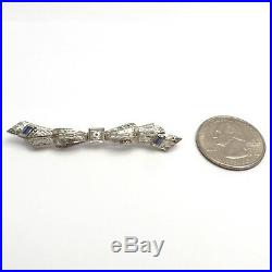 Art Deco 14k White Gold Diamond Sapphire Bow Bar Brooch Pin