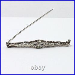Art Deco 18K White Gold Filigree Diamond Sapphire Bar Brooch Pin 4 grams