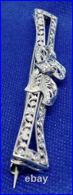 Art Deco Antique 14K White Gold Natural Diamond Filigree Bow Bar Pin Brooch