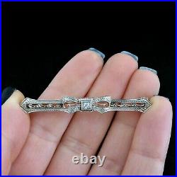 Art Deco Old European Cut Diamond Enamel 10k Gold Bar Brooch Pin Bow c. 1920s