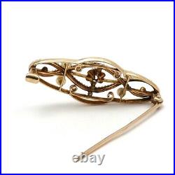 Art Nouveau 10K Gold Mine Cut Diamond Seed Pearl Bar Brooch Pin 2.4 Gr