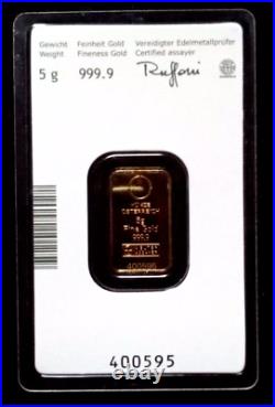 Austria Kinebar 5 gram Gold Bar with Hologram, Sealed in Assay. 9999 Fine