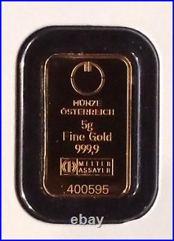 Austria Kinebar 5 gram Gold Bar with Hologram, Sealed in Assay. 9999 Fine
