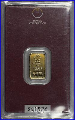 Austria Munze Osterreich 2 g 999.9 Fine Gold Bar Sealed With Assay Card #541526