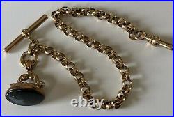 Beautiful 9ct Gold Albert Pocket Watch Chain T Bar Dog Clip & Fob Seal Bracelet