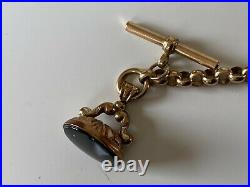 Beautiful 9ct Gold Albert Pocket Watch Chain T Bar Dog Clip & Fob Seal Bracelet