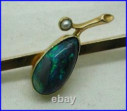 Beautiful Antique 15ct Gold Genuine Black Opal And Seed Pearl Bar Brooch