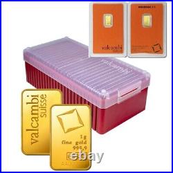Box of 25 1 Gram Valcambi Suisse. 9999 Fine Gold Bar in Assay Card In Stock