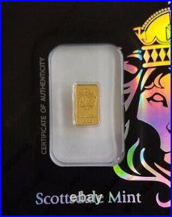 Brand New, Scottsdale 1 Gram. 9999 Gold Bar Lion Head COA TEP Certi -Lock BU