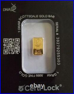 Brand New, Scottsdale 1 Gram. 9999 Gold Bar Lion Head COA TEP Certi -Lock BU